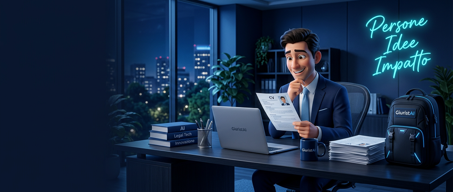 Professionista sorridente alla scrivania che legge un CV, con laptop e zaino GiuristAI