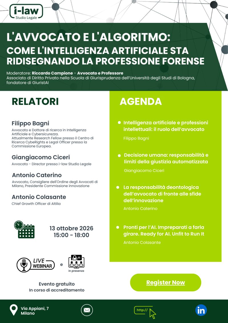 Locandina dell'evento L'avvocato e l'algoritmo a Milano, con relatori e agenda