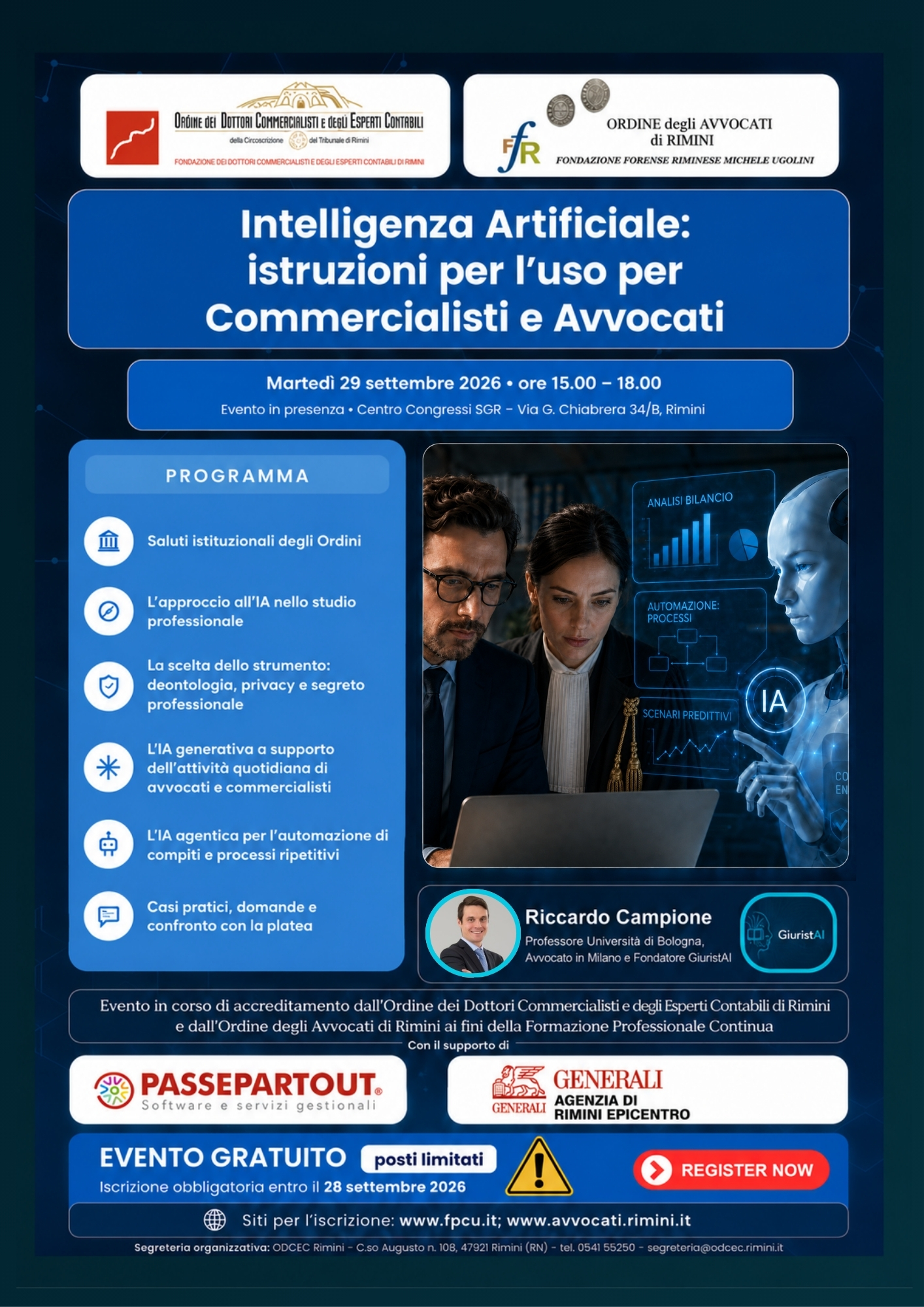 Locandina dell'evento Intelligenza Artificiale per Commercialisti e Avvocati a Rimini