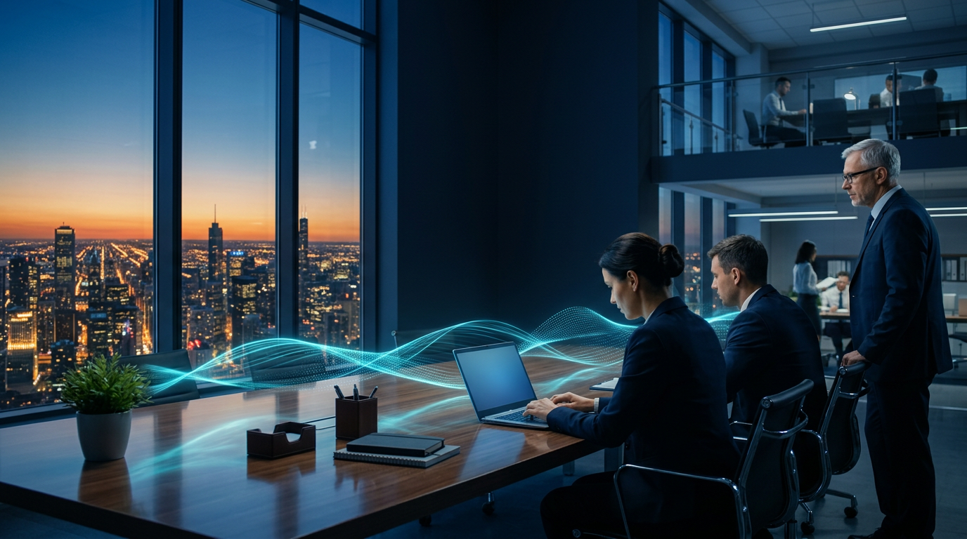 Legali d'impresa al lavoro con l'Intelligenza Artificiale in un ufficio affacciato sulla città di notte