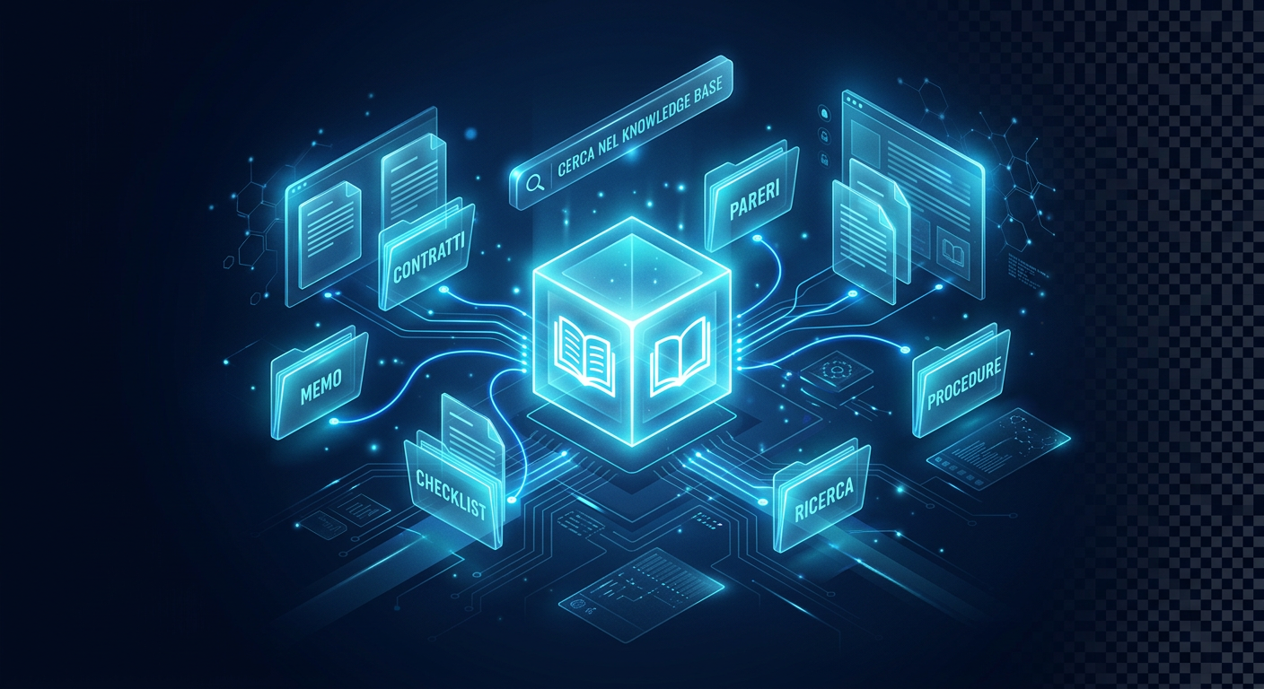 Knowledge base digitale dello Studio: contratti, pareri, memo, checklist e procedure collegati a un nucleo di intelligenza artificiale